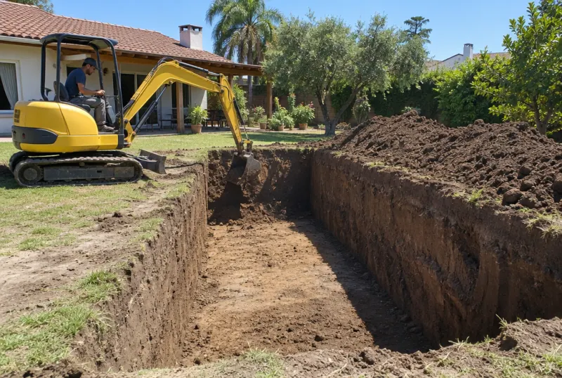 Miniexcavadora excavando una pileta en un jardín