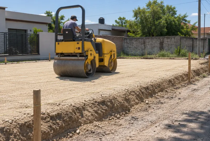 Rodillo compactando una capa de tosca en un lote